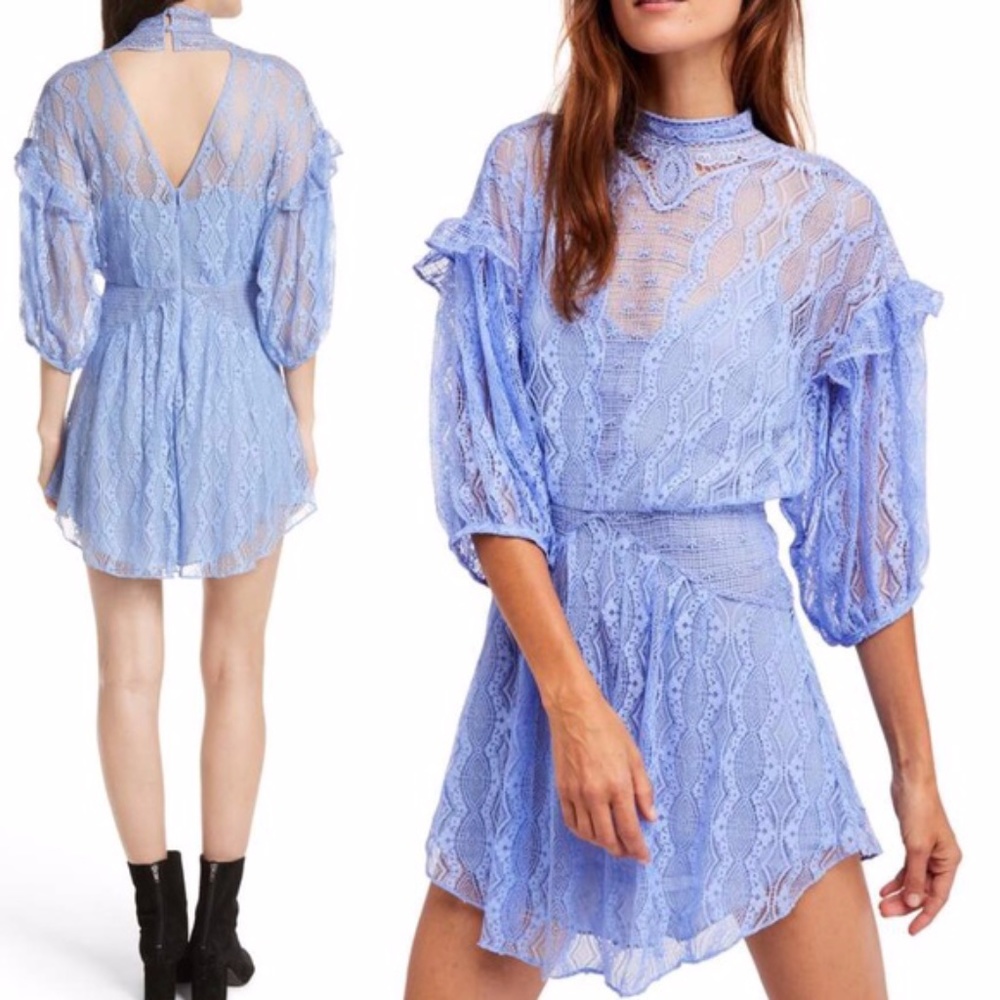 FREE PEOPLE BLUE LACE MINI DRESS WITH HIGH NECK 0